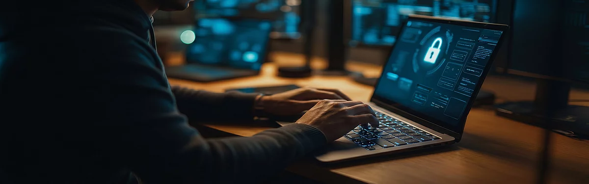 Person arbeitet an einem Laptop mit Sicherheits- und Schloss-Symbol – Datenschutz und Datensicherheit